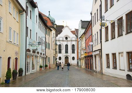 Pedestrian Street In Fussen With Typical Bavarian Buildings.