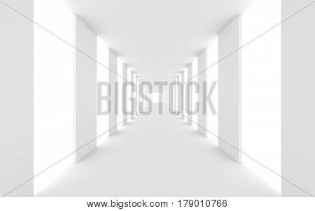 Bright light passes near the square columns in the futuristic empty white corridors. Abstract architectural interior of the future. 3D rendering.