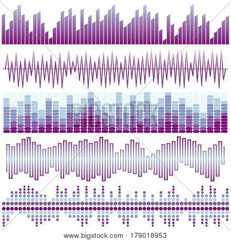 Vector set of purple sound waves. Audio equalizer. Sound & audio waves isolated on white background.