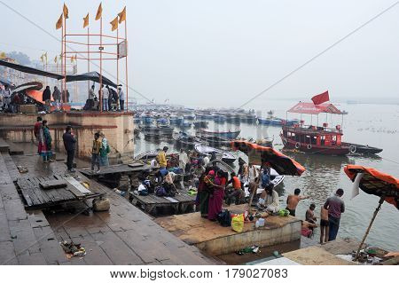 Hindu Pilgrims Take A Holy Bath In The River Ganges