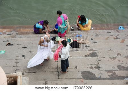 Hindu Pilgrims Take A Holy Bath In The River Ganges