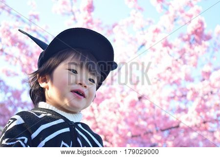cherry blossom and smiling child in the nature
