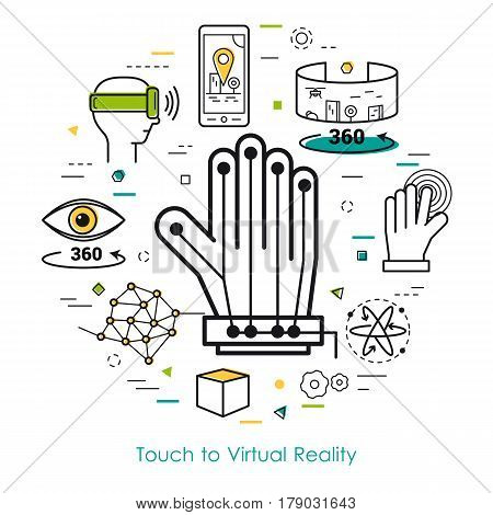 Vector concept of touch to virtual reality. Innovations technology in thin line style. Glove manipulator for VR device and other online entertainment icons. Modern round web banner