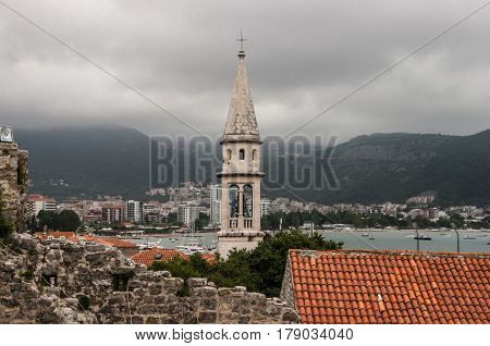 View of the old town against the background of the mountains