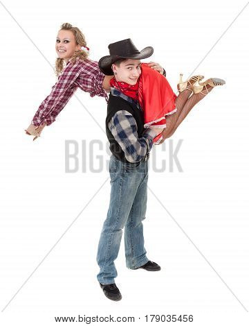 cabaret dancer couple dressed in cowboy costumes dancing. Isolated on white background in full length.