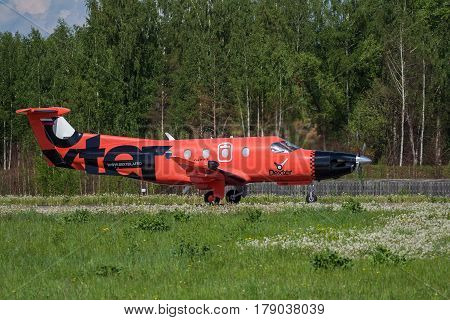Yaroslavl Russia 27 May 2016: Airplane landing. Dexter Pilatus PC-12/47E (RA-01504). Tunoshna Airport