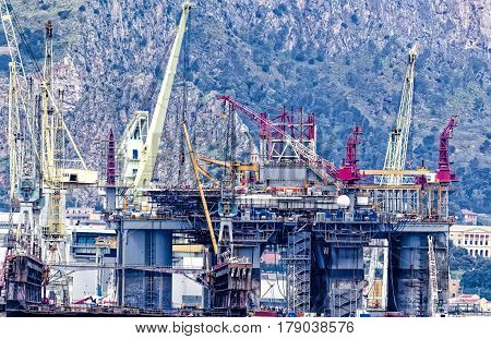 detail of a drilling plataform in costruction in a shipyard italy