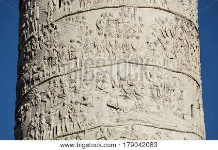 Detail of Trajn Column in Rome with ancient battles between roman legions and dacian barbarians