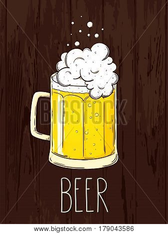 Hand-drawn single mugs with a light beer on wooden bachground. Oktoberfest poster vector illustration. Eps 10