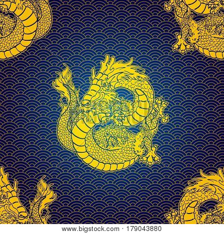 Cheerfull Water Asian chinese dragon and scales. Gold contour on blue background. Seamless pattern. Vector illustration.
