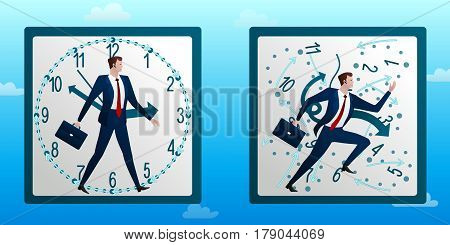 Differences in perception of time at people, monochronic and polychronics. The first highly structured and time-focused. The second are multitasking and creativity. Concept. Vector flat illustration.