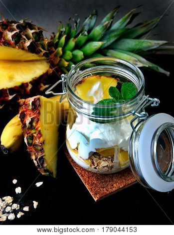 Suggest still life with fruit. Useful suggest with pineapples, bananas, oatmeal and yogurt.