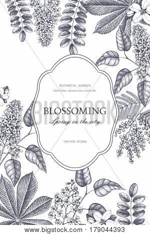 Vector card design with hand drawn blossoming trees. Floral wedding invitation template.