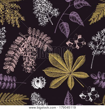 Seamless pattern with hand drawn blossoming trees illustrations. Vector botanical background. Hand sketched elements.
