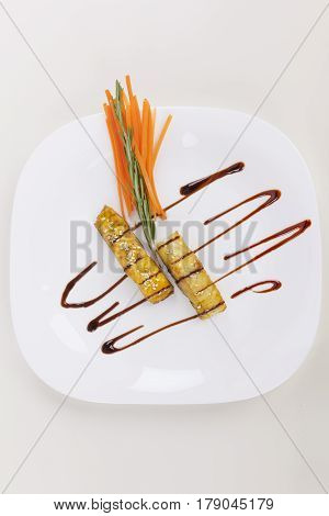 Dishes from sturgeon. Cooked sturgeon. Steak from sturgeon.