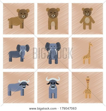 assembly flat shading style icons of giraffe bull bear elephant