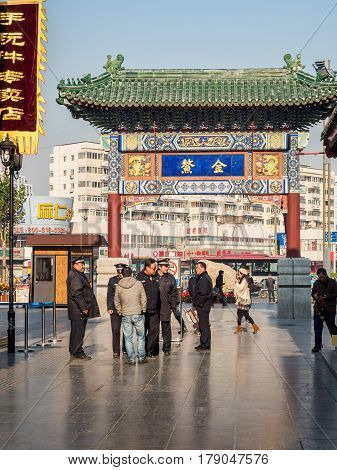 Tianjin, China - Nov 1, 2016: Main gate to the Tianjin Ancient Cultural Street. Shuige Street in front. Morning scene to what is a very popular tourist area.