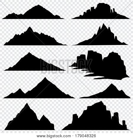 Mountain ranges black vector silhouettes set, overlook hiking landscape. Black silhouettes mountain landscape, nature mountain hill peak illustration