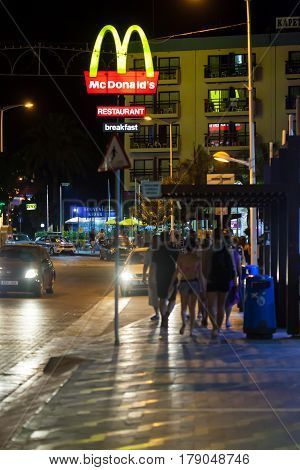 CYPRUS, PROTARAS - 13 SEPEMBER 2015: Night view on McDonalds on street in Protaras, Cyprus