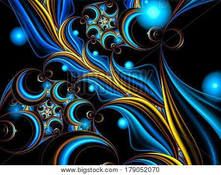 Ornate fractal background - abstract computer-generated image. Digital art: colored curls and circles like unusual precious branch with beads. For web design, covers, posters.