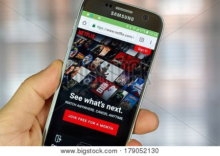 MONTREAL CANADA - MARCH 14 2017 - Netflix application running on Samsung S7. Netflix is one of the most popular global provider of streaming movies.