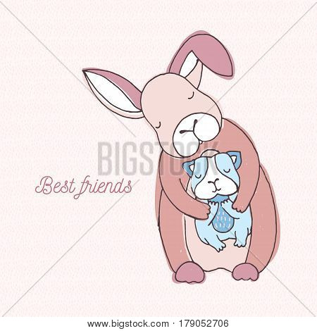 Best friends card. colorful hand drawn illustration with rabbit and cavy