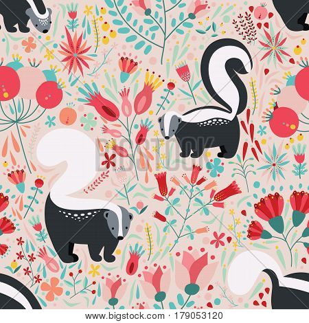 Seamless pattern in flat style with cartoon floral elements, flowers and skunks, Cute colorful background.
