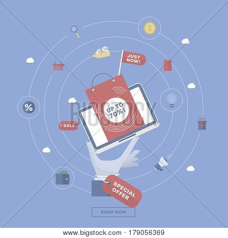 Sale background with hand holding device. Concept business vector for investing into ideas, creative innovative work, growing business. Flat illustration with thin broken line.