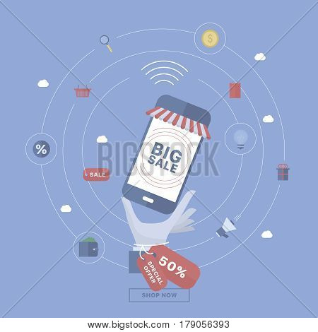 Sale background with hand holding device. Concept business vector for investing into ideas, creative innovative work, growing business. Flat illustration with thin broken line.