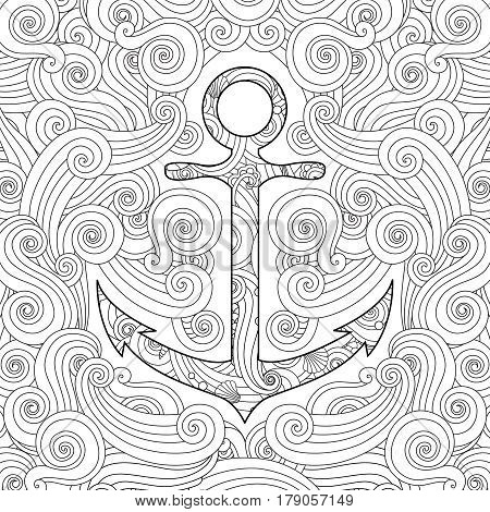 Coloring page with anchor in waves. Zentangle inspired doodle style. Square composition. Coloring book for adult and older children. Editable vector illustration.