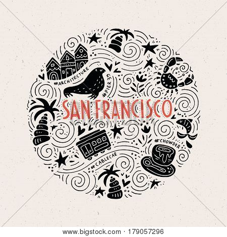 The circle with  San Fransisco symbols and lettering. Vector illustration. USA series.