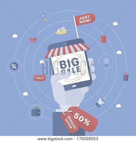 Sale background with hand holding device. Concept business vector for investing into ideas, creative innovative work, growing business. Flat illustration with thin broken line.