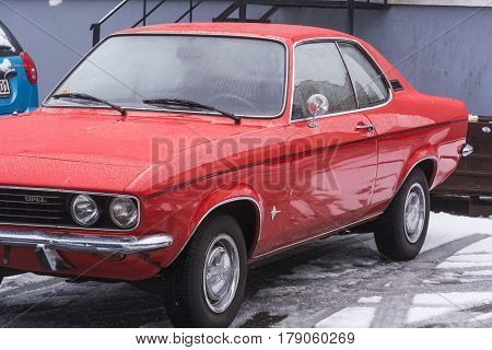 VELBERT NRW GERMANY - MARCH 07 2016: Oldtimer red Opel Manta in a public parking in Velbert Germany.