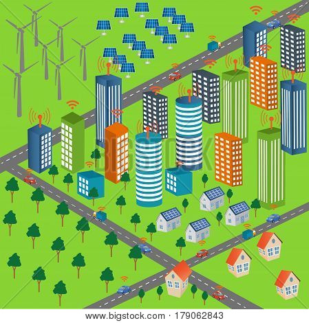 Internet of things concept. Modern city design with business life. Illustration of innovations.