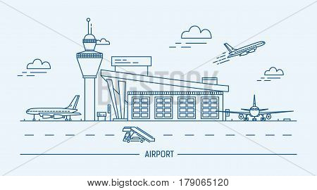 Airport, aircraft, Lineart black and white vector illustration with air terminal and airplanes.
