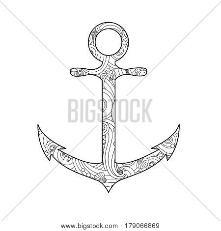 Coloring page with anchor isolated on white background in zentangle inspired doodle style. Coloring book for adult and older children. Editable vector illustration.