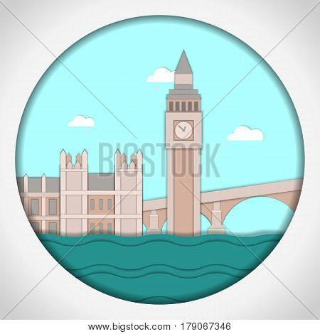Paper applique style Card with application of Big Ben Tower and Westminster Palace. London. Postcard.Vector illustration.