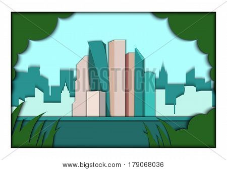 Paper applique style illustration. Card with application Moscow ponorama with Moscow City Business center. Postcard