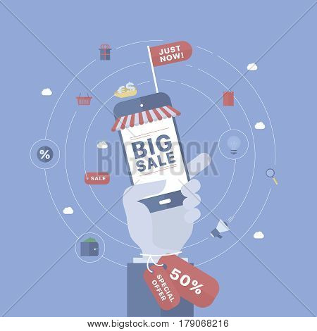 Sale background with hand holding device. Concept business vector for investing into ideas, creative innovative work, growing business. Flat illustration with thin broken line.