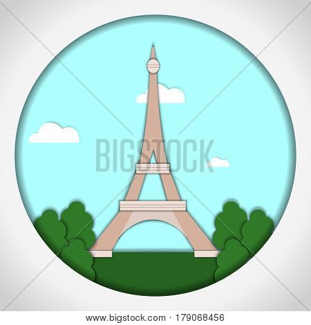 Paper applique style Card with application of Eiffel Tower, Paris, France. Postcard.Vector illustration.