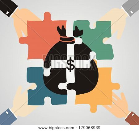 the concept of investment and joint business. Businessmen folded bag of money consists of puzzles.