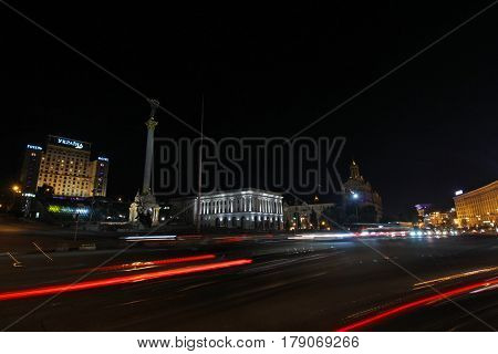 Kiev Ukraine - May 31 2016: Night traffic on the Independence Square