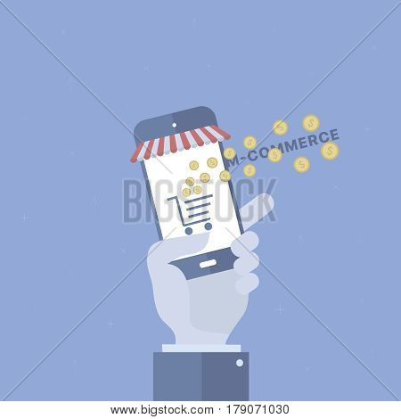 M-commerce background with device. Concept business vector for investing into ideas, creative innovative work, growing business. Flat illustration with thin broken line.