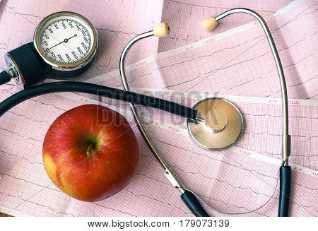 Sthetoscope And Drugs, Pills On The Background Of Red Paper With Diagnosis Of Heart Pulse Cardiogram