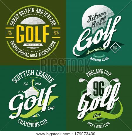 Golf ball and trophy cup or bowl for champions or tournaments. T-shirt print sportswear design or cloth logo for golfer association or sport club. England or scottish sport advertising, team label