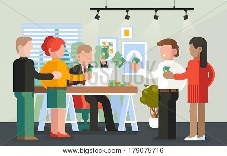 People at payday with banknotes from boss, queue of workers or businessman, businesswoman or managers with dollars in hands. Man paying salary. Deposit or bank, business or employee theme