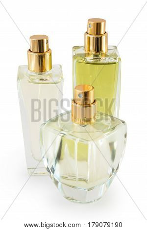 Three glass perfume bottle with cap on white background
