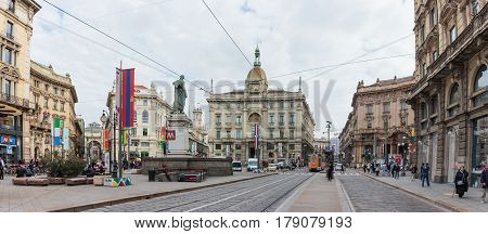 Peoples In Decorated Dante Avenue And Piazza Cordusio In Milan