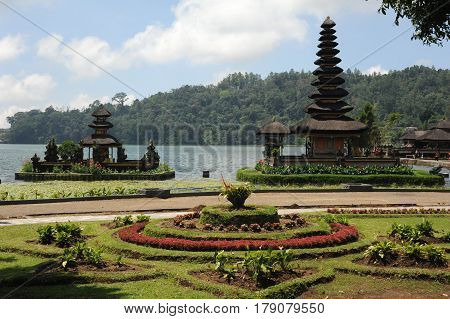 Bedugul, Indonesia - 11 February 2013: Pura Ulun Danu Bratan famous temple on the lake at Bedugul on Bali, Indonesia.
