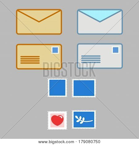 Set of envelopes and stamps in flat style. Vector illustration. Icons for Web and Mobile Application. EPS 10.